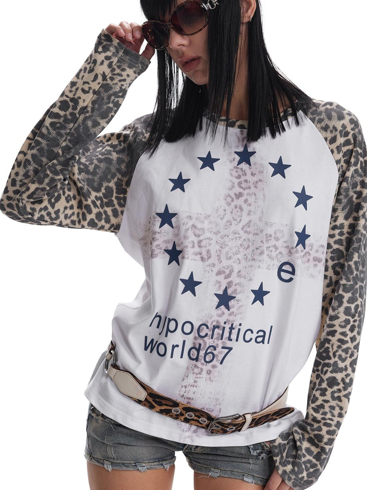 no E mosen Leopard Print Embroidered Raglan Sleeve Color Block Women&