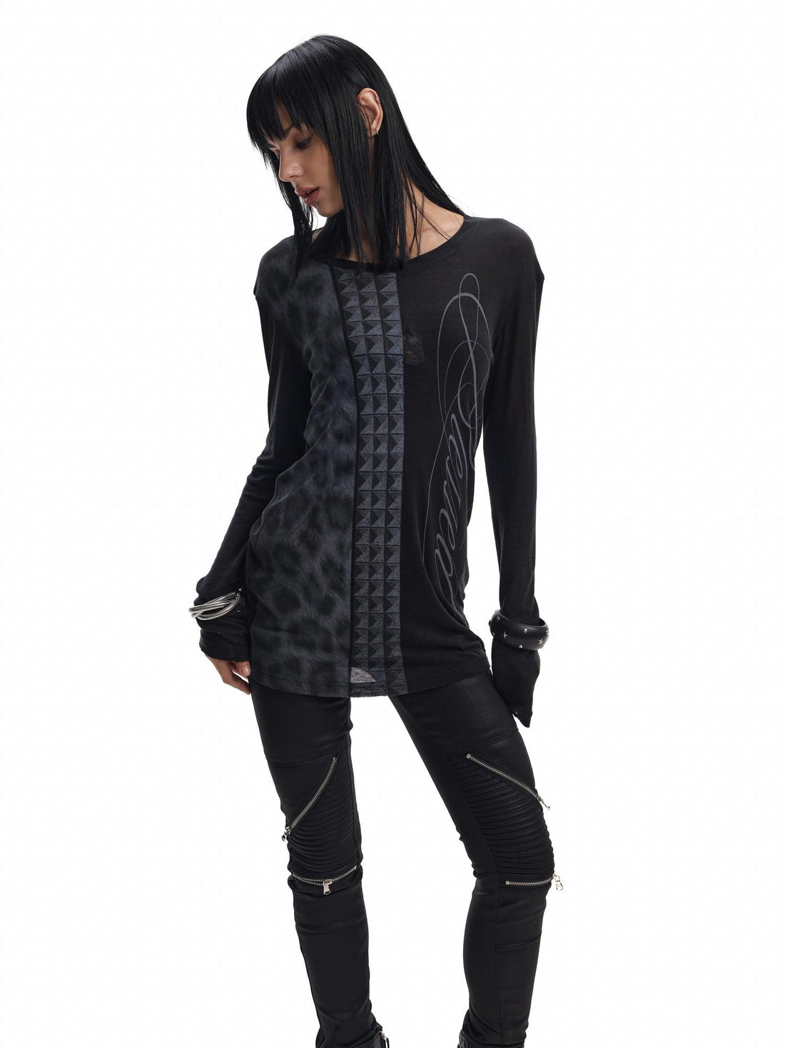 no E mosen Leopard Print Studded Asymmetric Women&