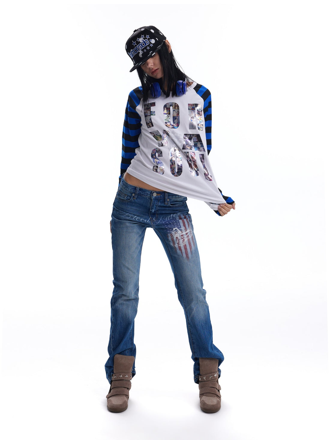 no E mosen Liquid Metal Print Striped Raglan Sleeve Women&