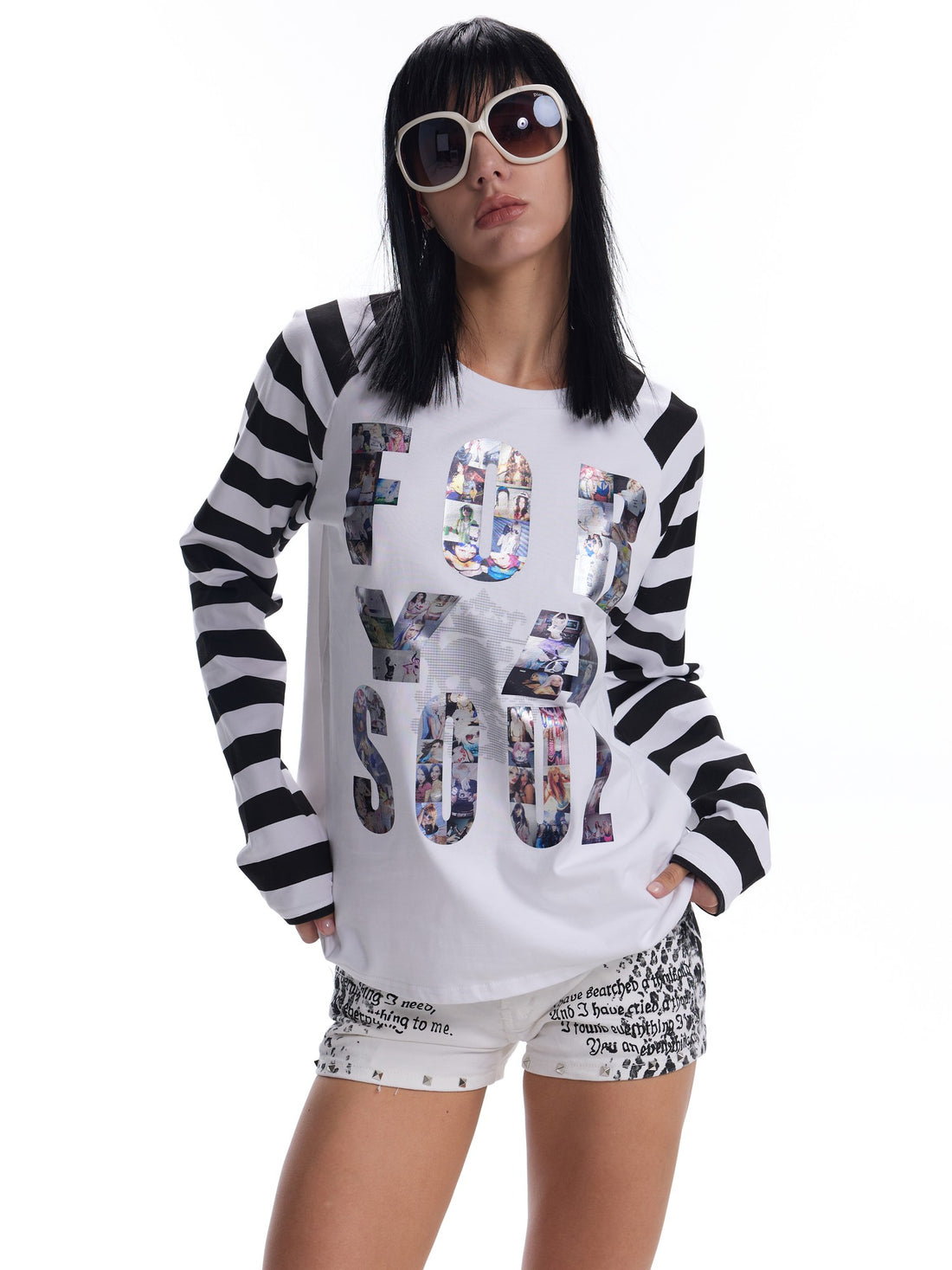 no E mosen Liquid Metal Print Striped Raglan Sleeve Women&