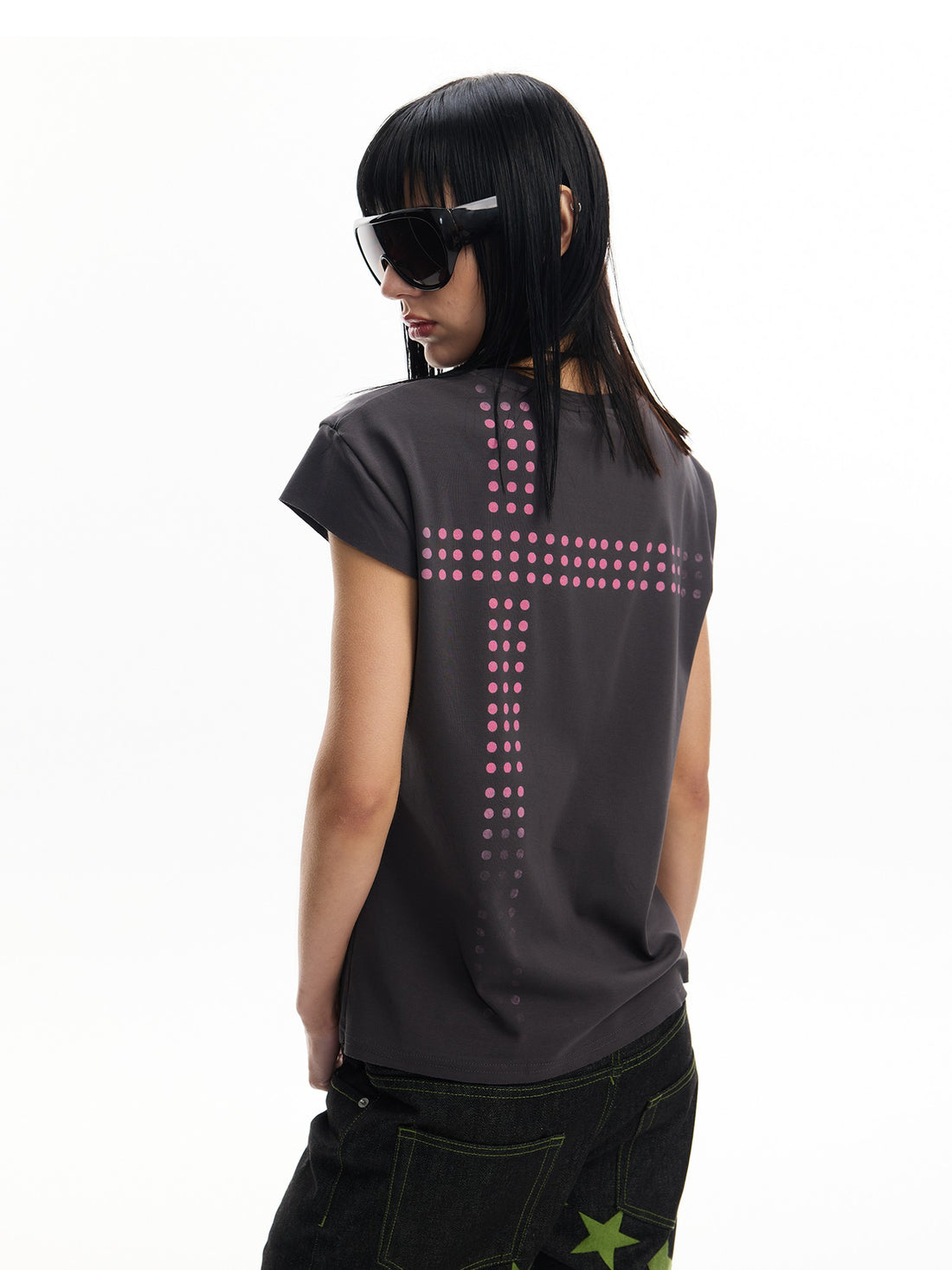 no E mosen Polka Dot Print Flutter Sleeve Round Neck Cotton Women&
