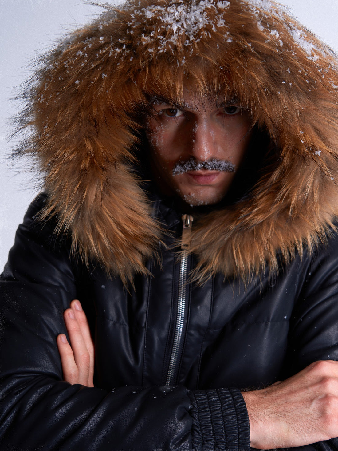 no E mosen Removable Raccoon Fur Trim Hooded Detachable Sleeves Pu Leather Women&