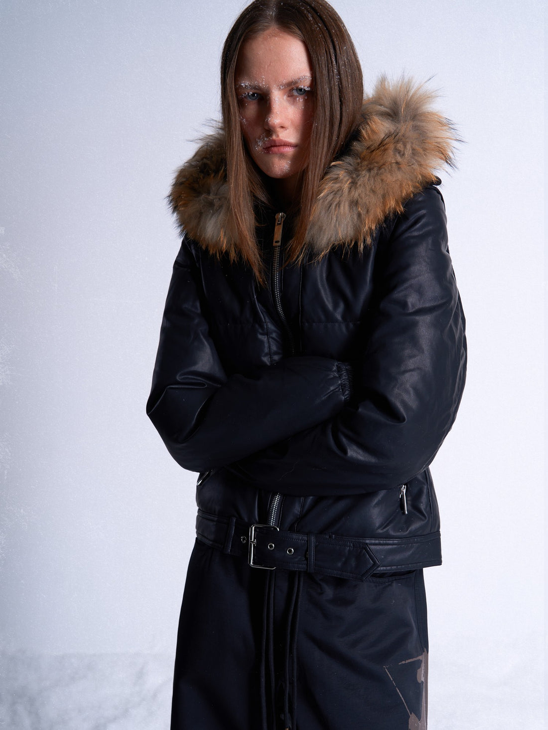 no E mosen Removable Raccoon Fur Trim Hooded Detachable Sleeves Pu Leather Women&