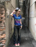 no E mosen Rhinestone Graphic Contrast Striped V-neck Women&