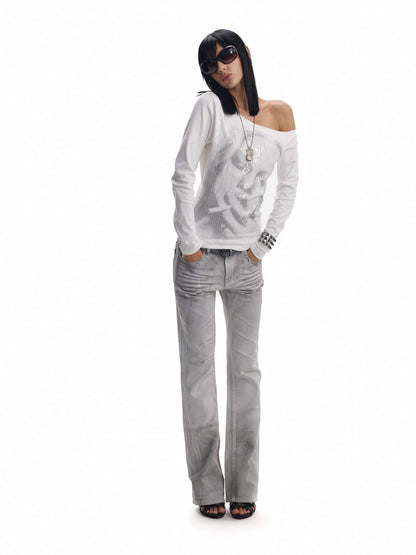 no E mosen Sequin Embroidered Asymmetric One Shoulder Retro Print Women&