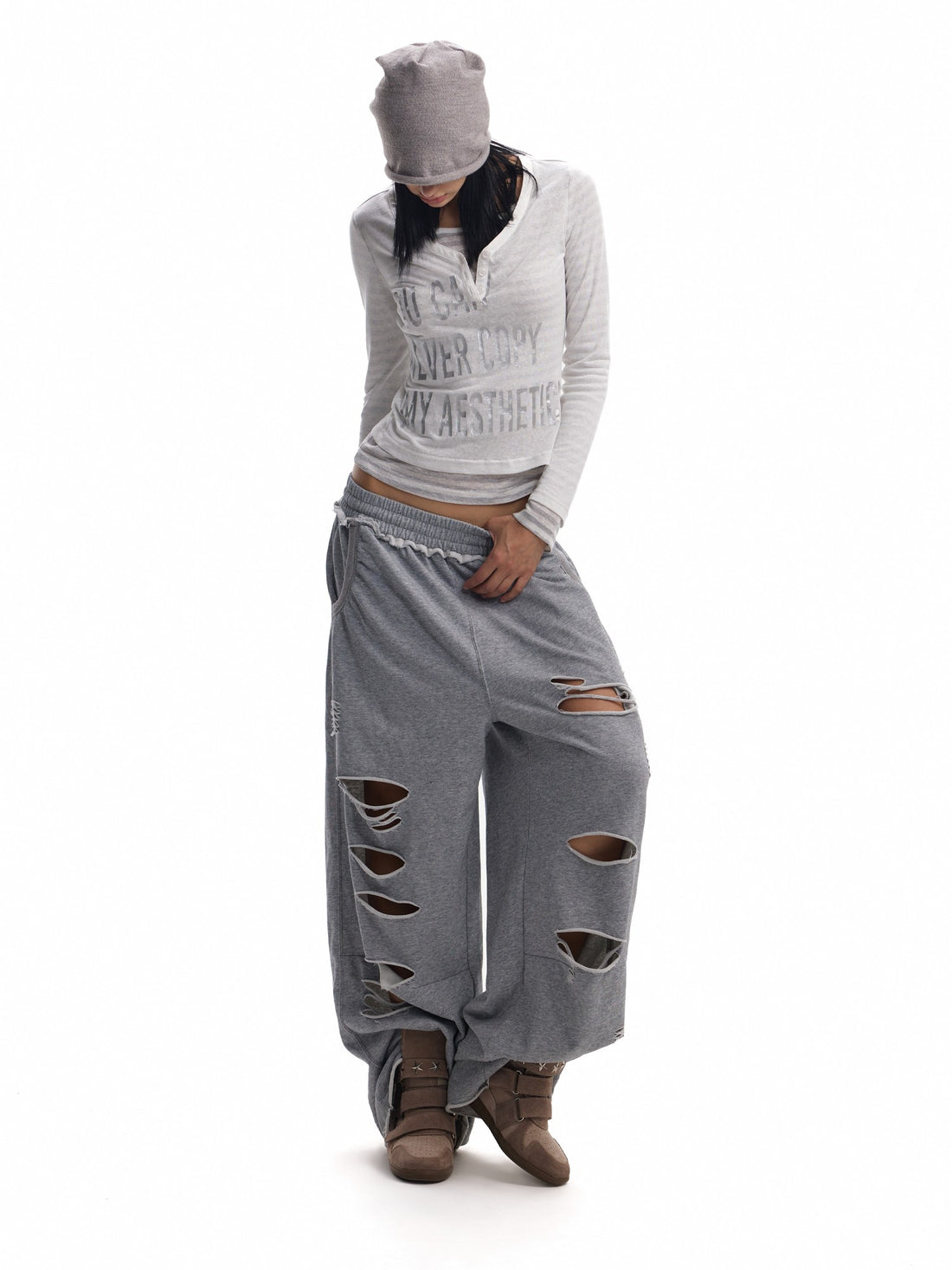 no E mosen Silver Foil Print Semi Sheer Striped Fake Two Piece Slim Fit Women&