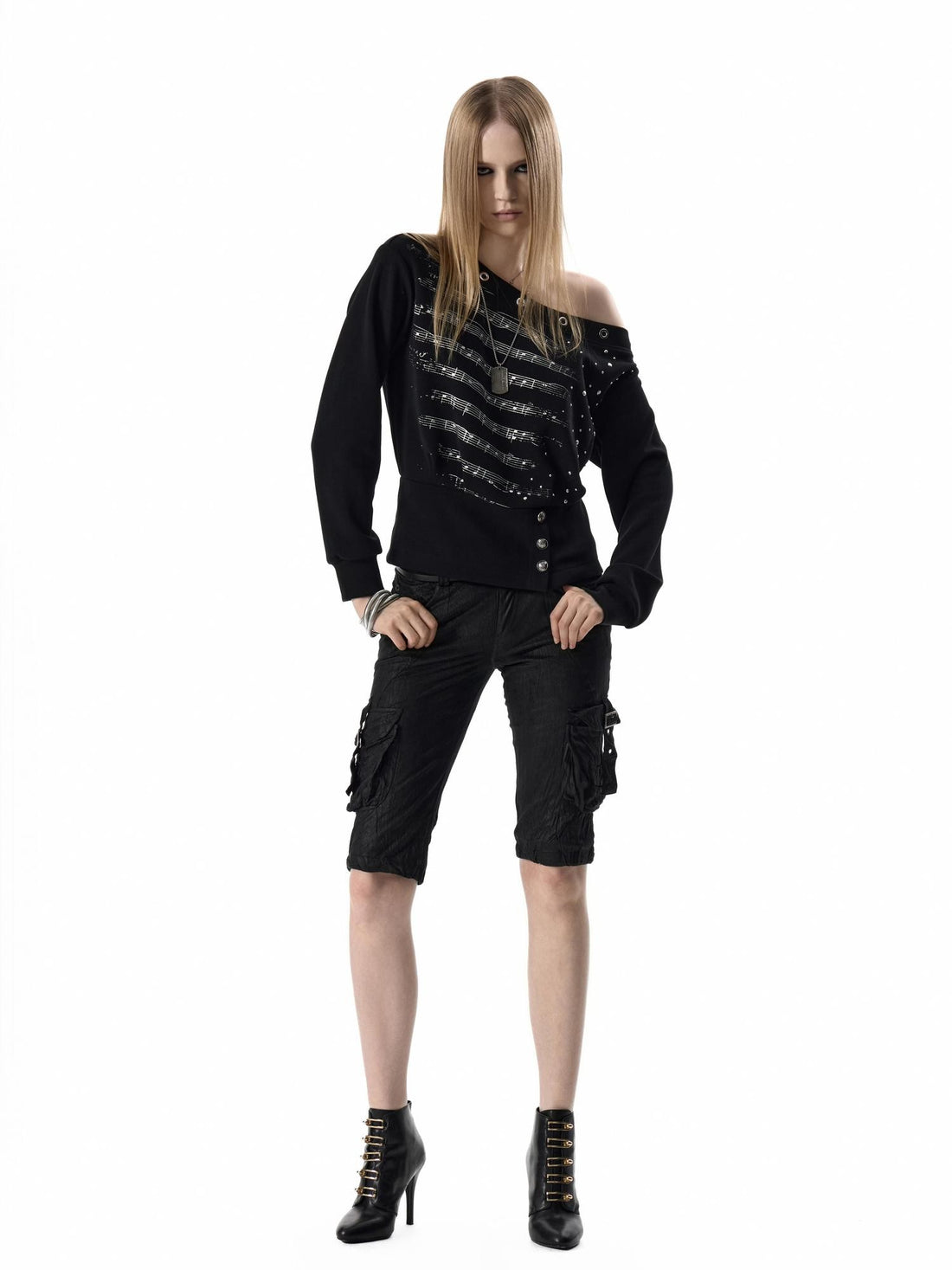 no E mosen Silver Music Note Studded Asymmetric Shoulder Women&