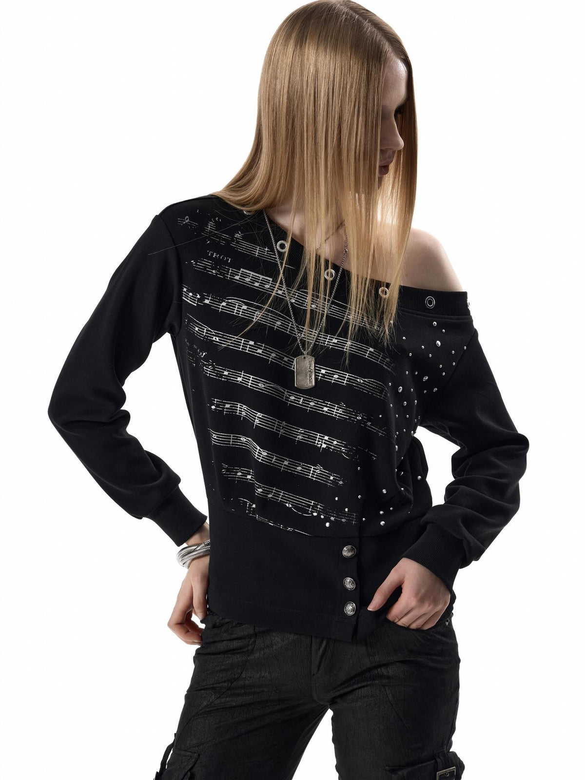 no E mosen Silver Music Note Studded Asymmetric Shoulder Women&