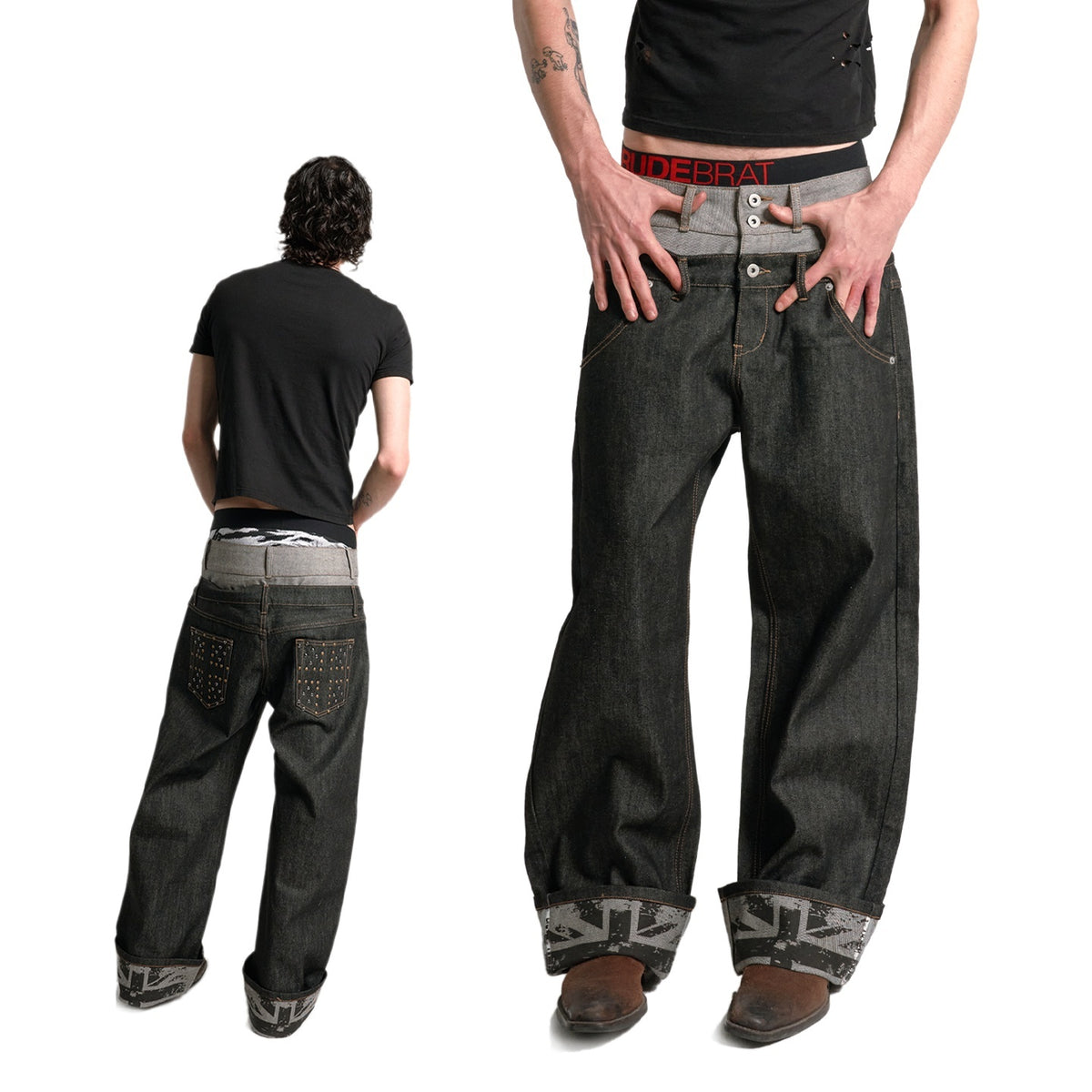 no_E_mosen_Star_Print_Double_Waist_Folded_Raw_Wash_Women&
