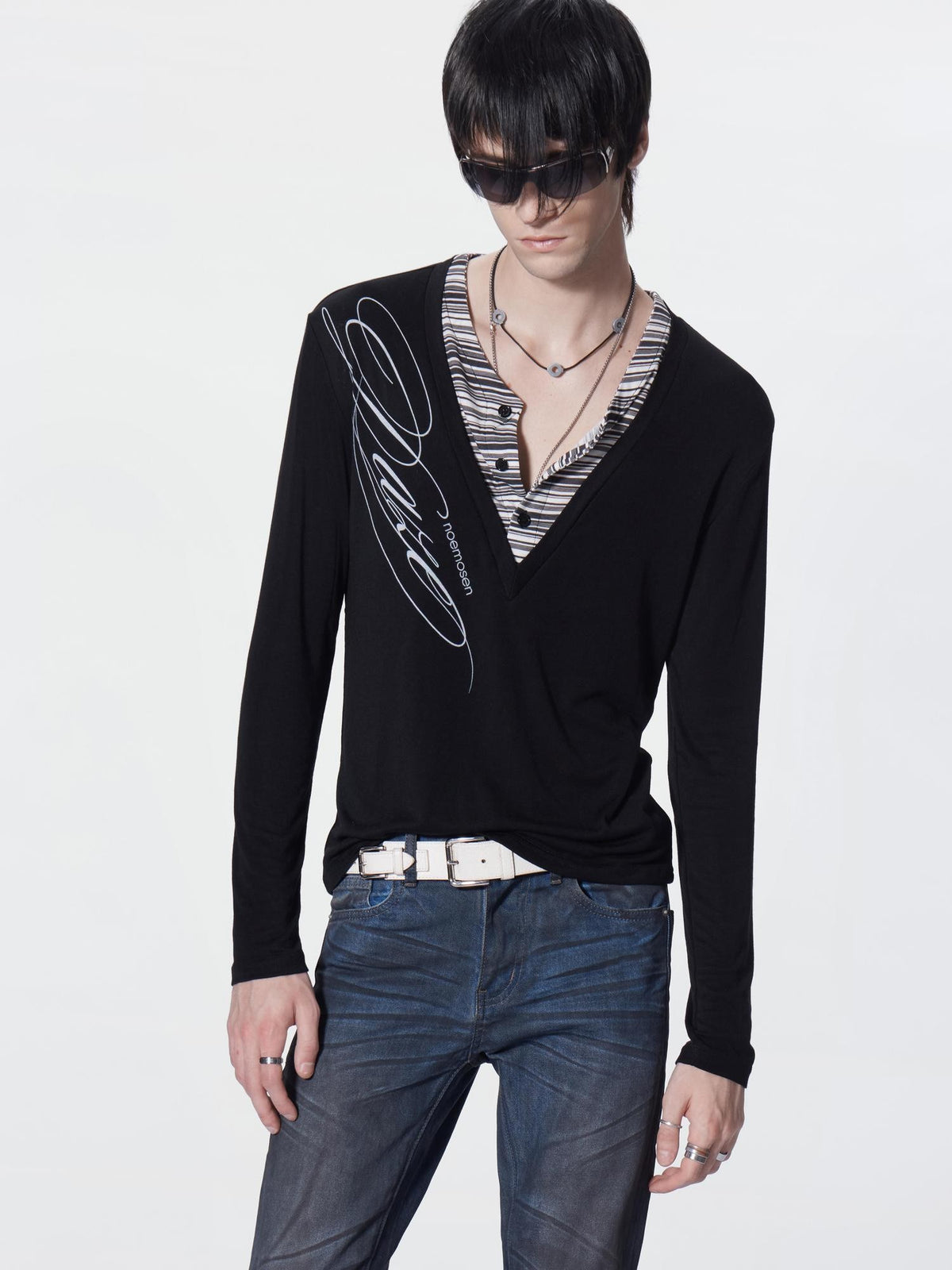 no E mosen Striped Faux Layered Digital Print Henley Neck Slim Fit Women&