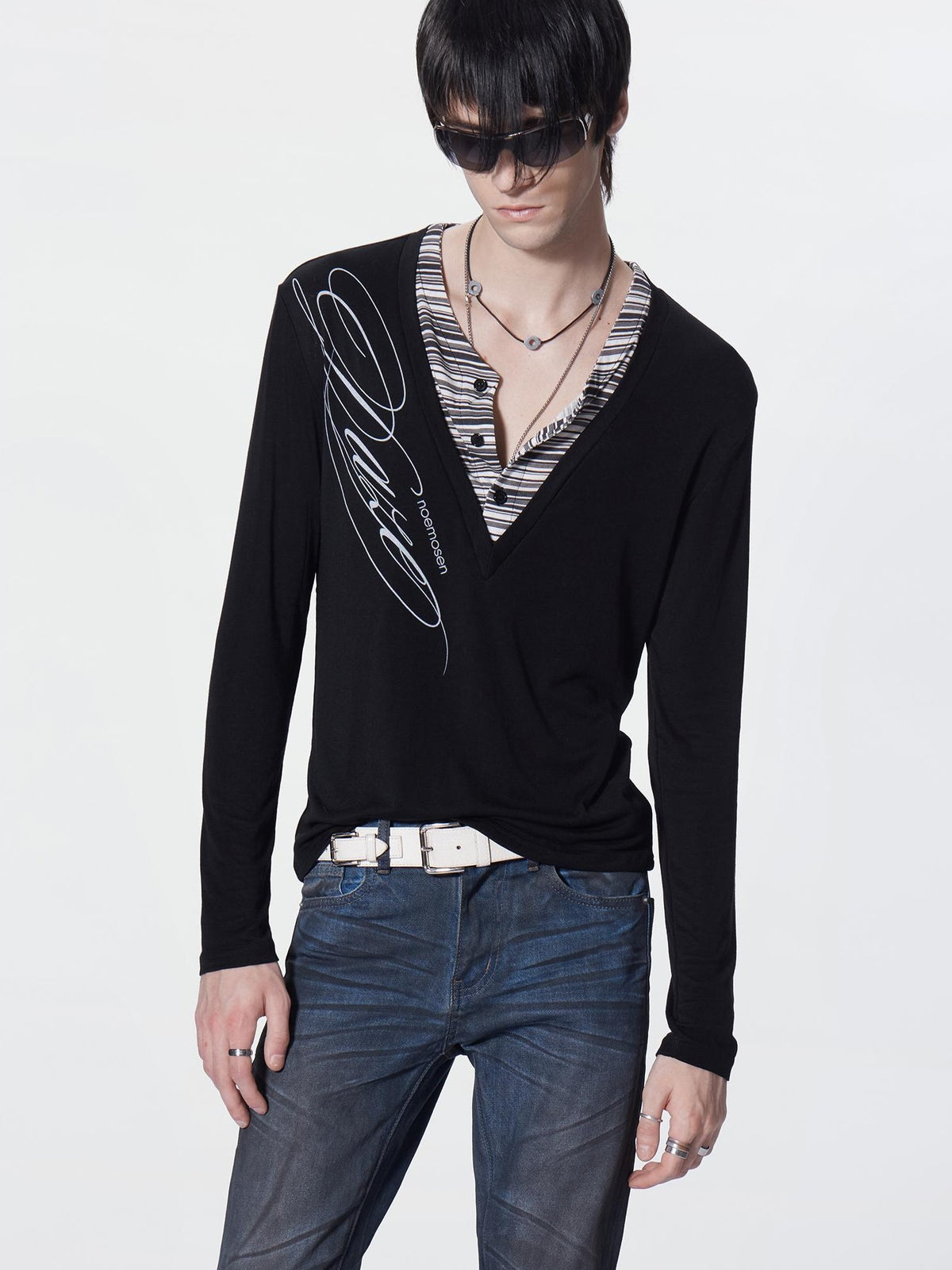 no E mosen Striped Faux Layered Digital Print Henley Neck Slim Fit Women&
