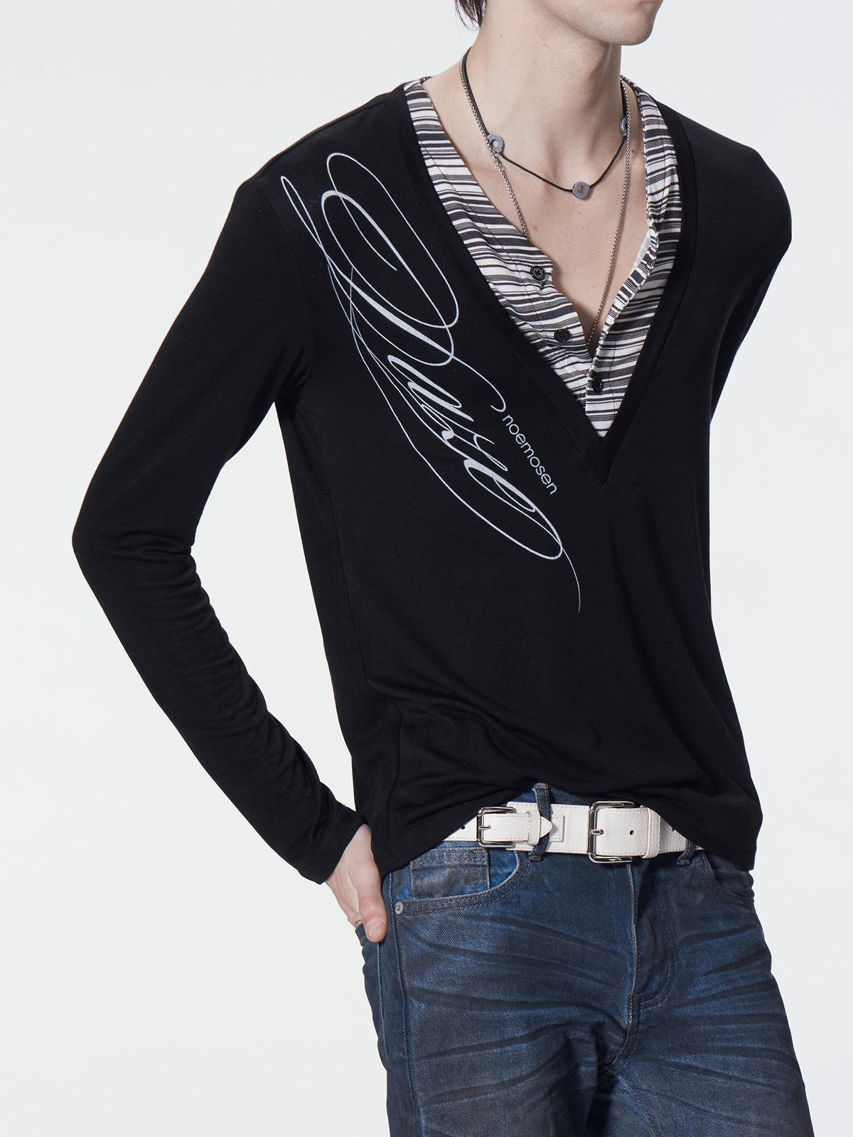 no E mosen Striped Faux Layered Digital Print Henley Neck Slim Fit Women&