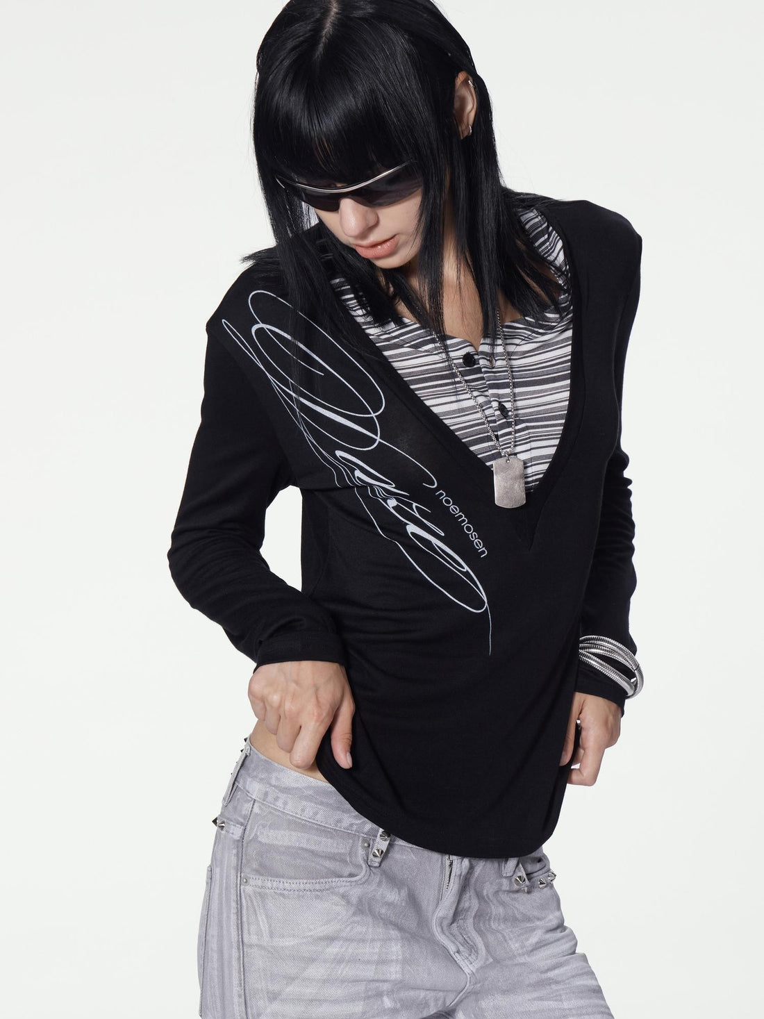 no E mosen Striped Faux Layered Digital Print Henley Neck Slim Fit Women&