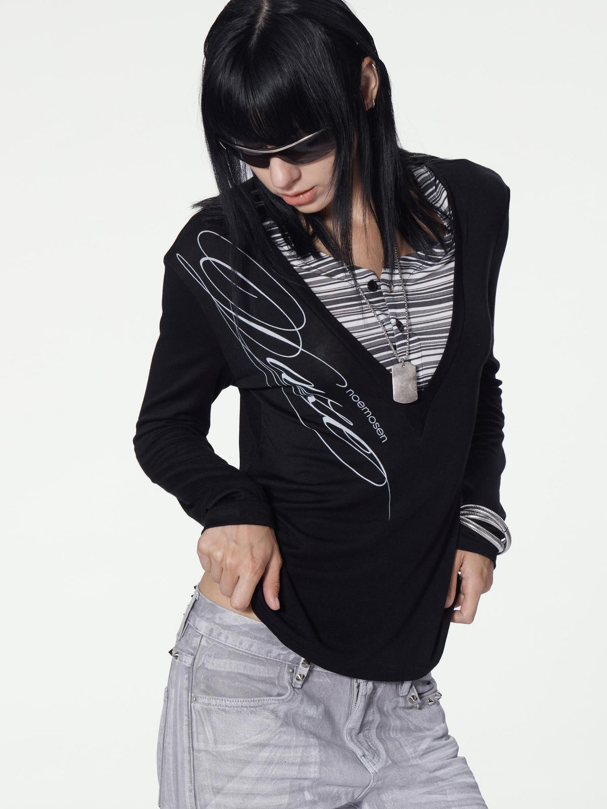 no E mosen Striped Faux Layered Digital Print Henley Neck Slim Fit Women&