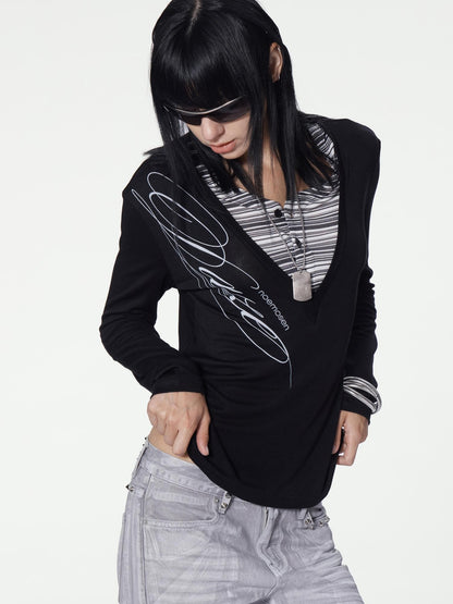 no E mosen Striped Faux Layered Digital Print Henley Neck Slim Fit Women&