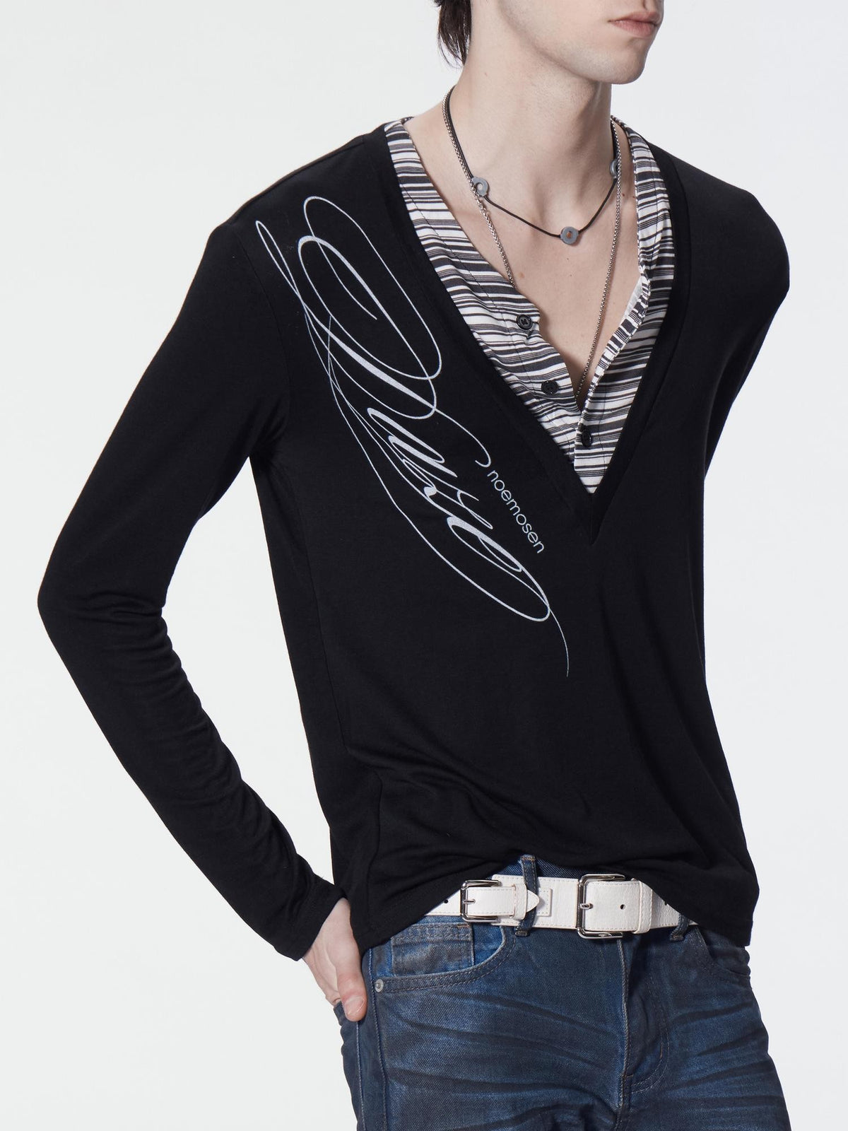 no E mosen Striped Faux Layered Digital Print Henley Neck Slim Fit Women&