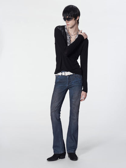 no E mosen Striped Faux Layered Digital Print Henley Neck Slim Fit Women&