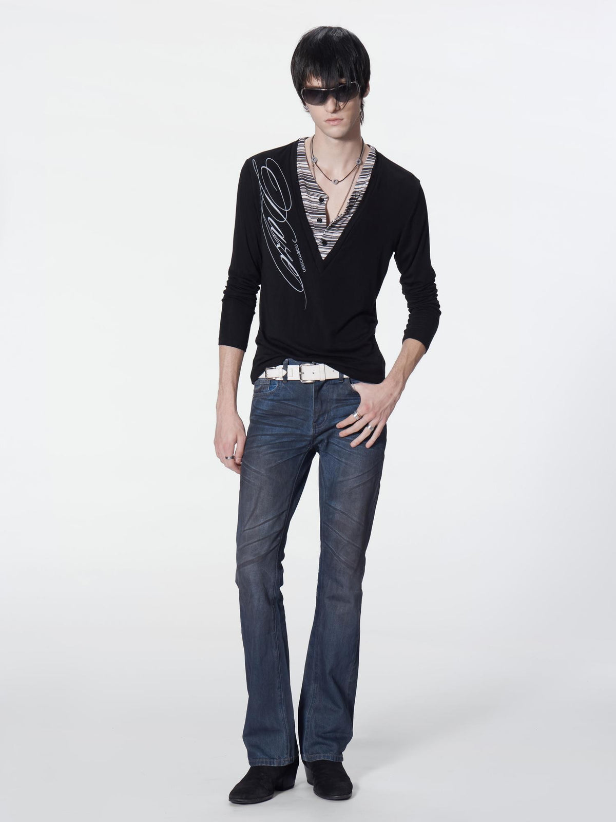 no E mosen Striped Faux Layered Digital Print Henley Neck Slim Fit Women&