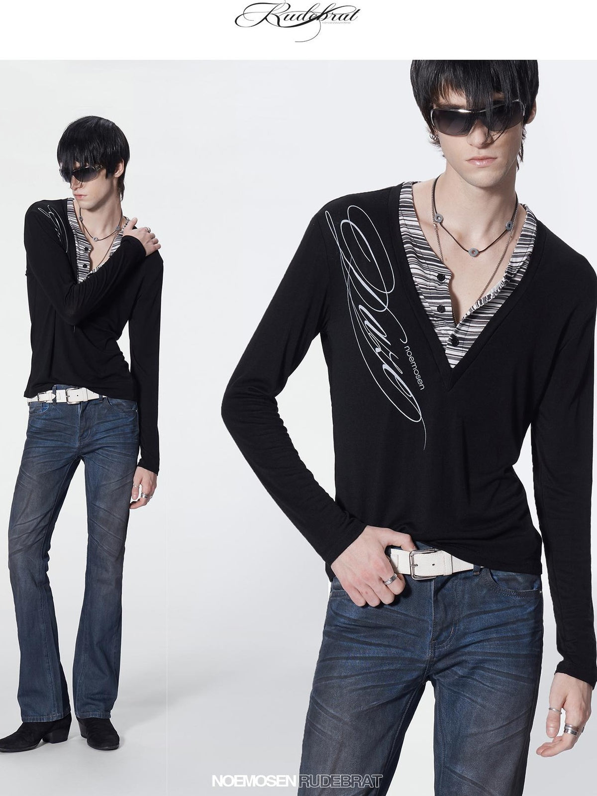 no E mosen Striped Faux Layered Digital Print Henley Neck Slim Fit Women&