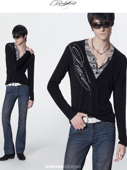 no E mosen Striped Faux Layered Digital Print Henley Neck Slim Fit Women&
