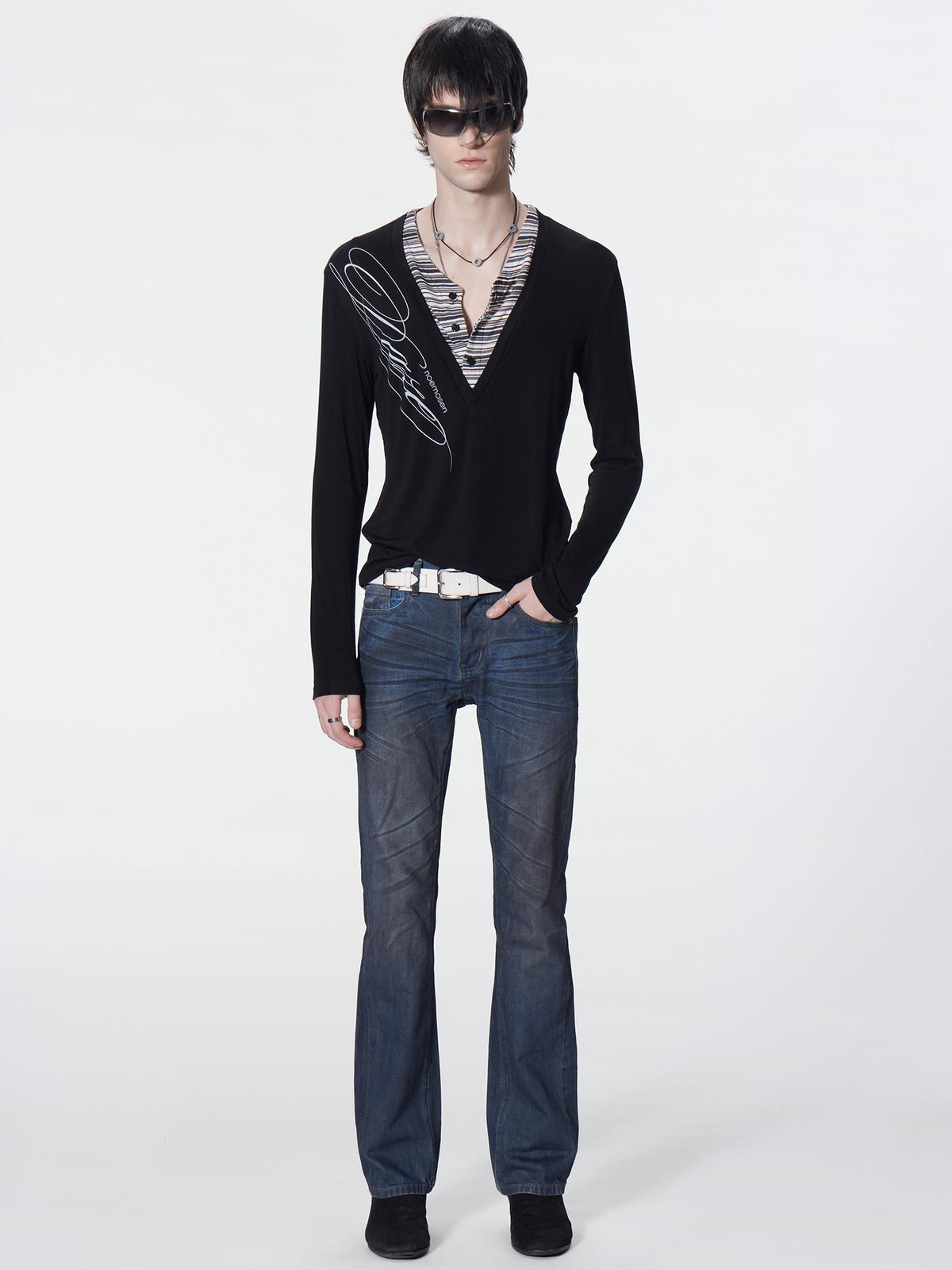 no E mosen Striped Faux Layered Digital Print Henley Neck Slim Fit Women&