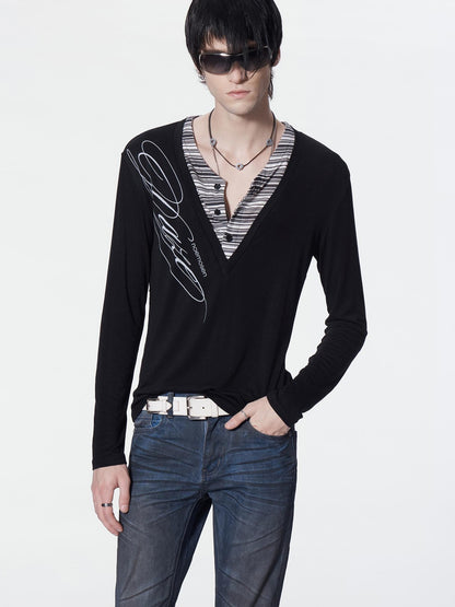 no E mosen Striped Faux Layered Digital Print Henley Neck Slim Fit Women&
