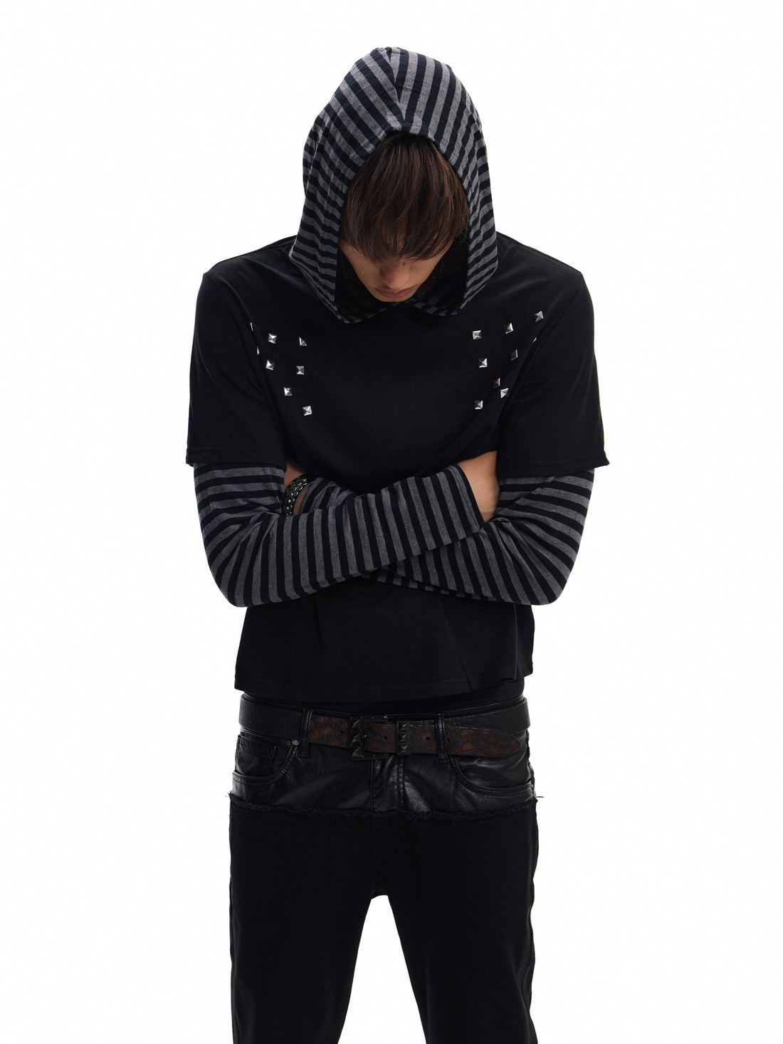 no E mosen Striped Hooded Rivet Rhinestone Fitted Women&
