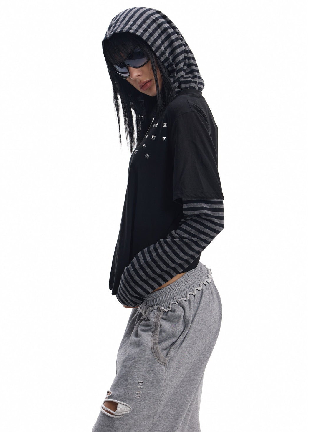 no E mosen Striped Hooded Rivet Rhinestone Fitted Women&