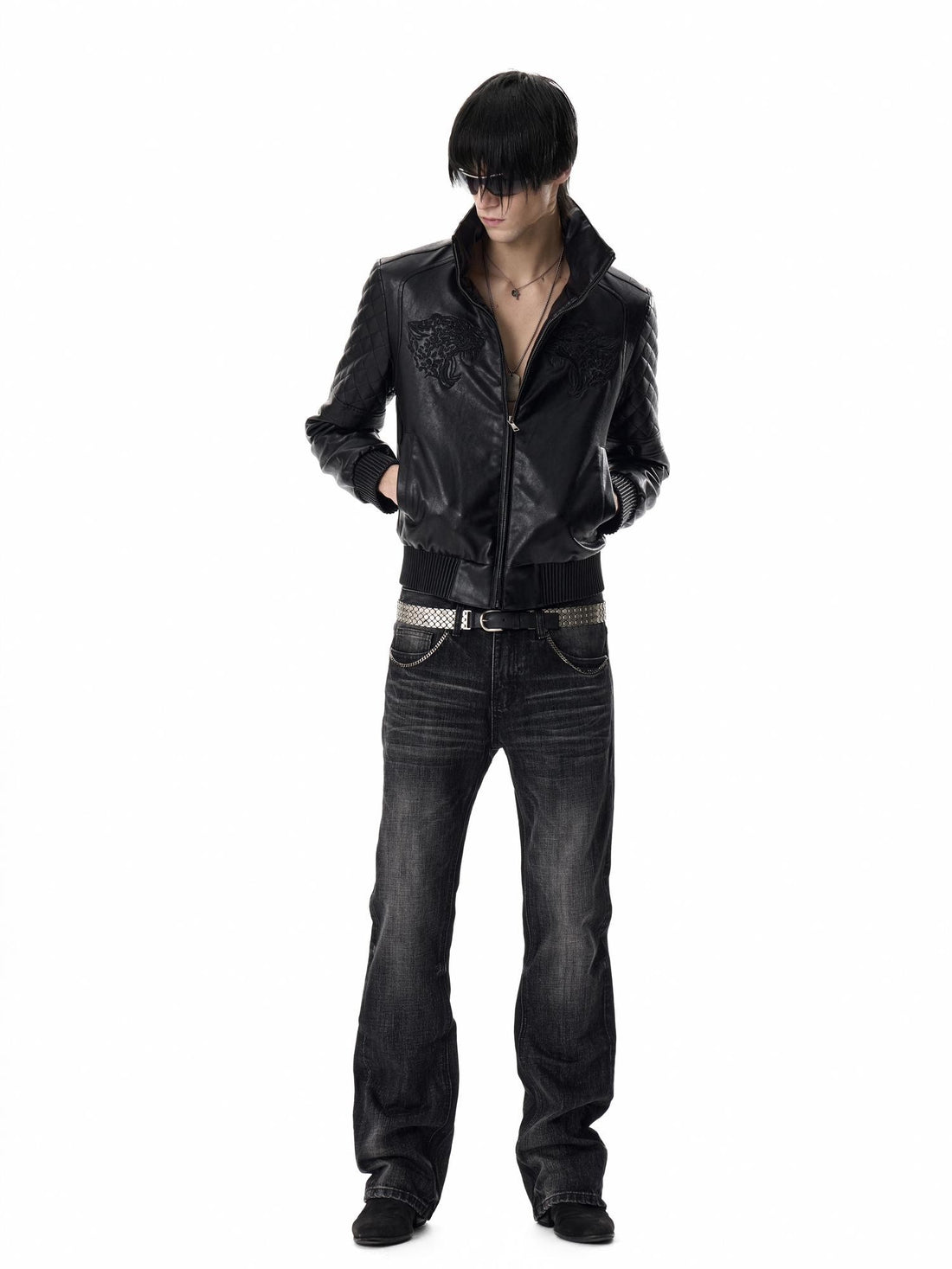 no E mosen Tiger Head Embroidery Diamond Quilted Zip Hooded Faux Leather Women&