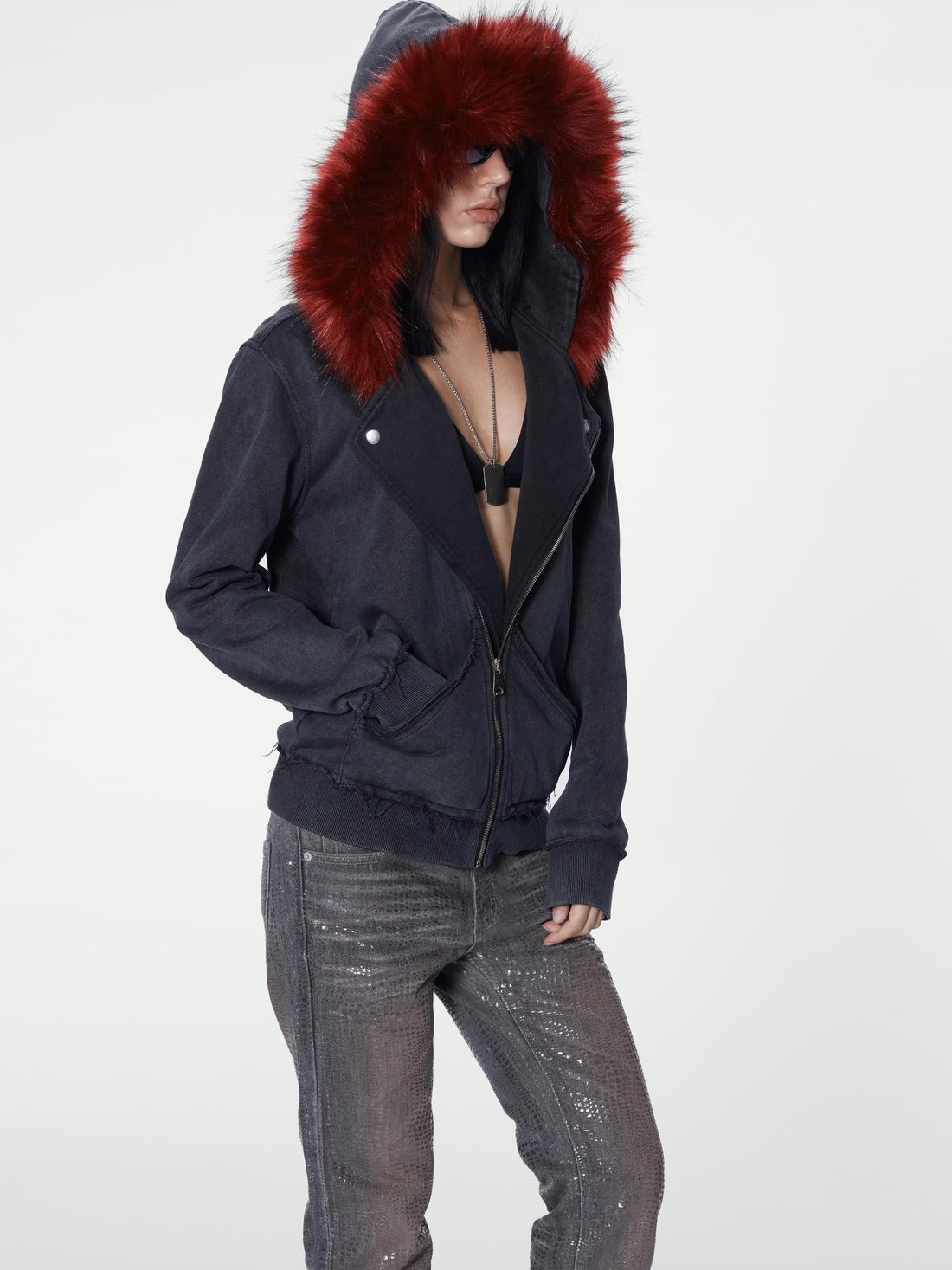 no E mosen Washed Black Grey Moto Collar Distressed Trim Slim Fit Women&