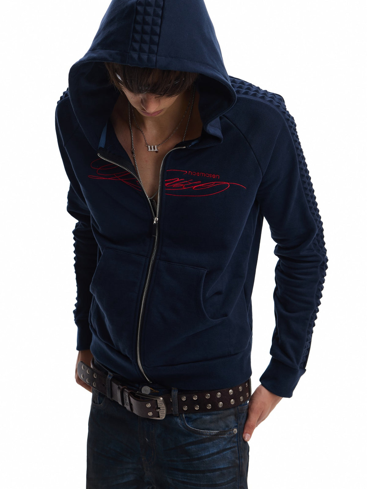no E mosen Washed Blue Color Block Embroidery Women&