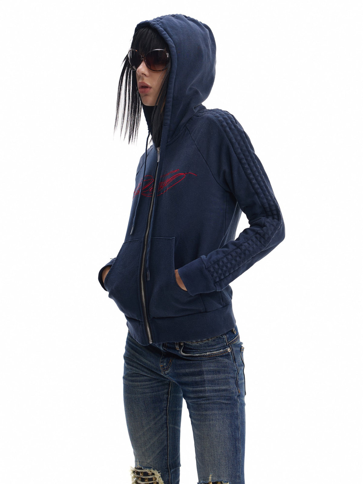 no E mosen Washed Blue Color Block Embroidery Women&