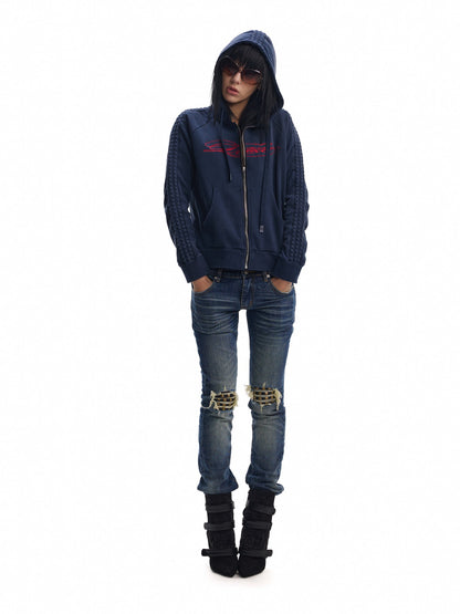 no E mosen Washed Blue Color Block Embroidery Women&