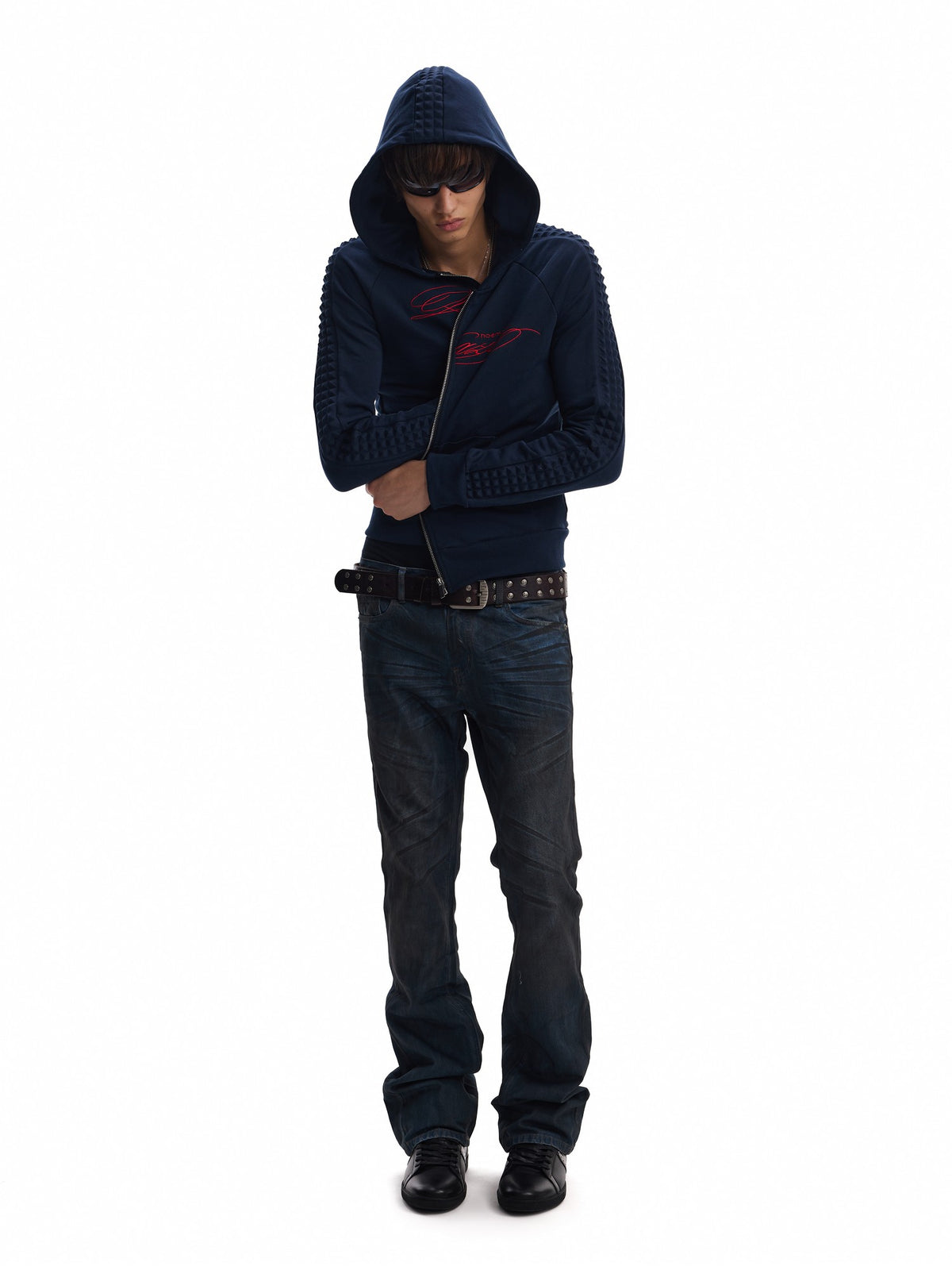 no E mosen Washed Blue Color Block Embroidery Women&