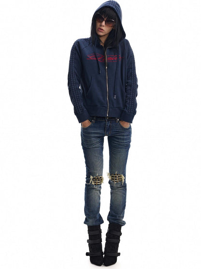 no E mosen Washed Blue Color Block Embroidery Women&