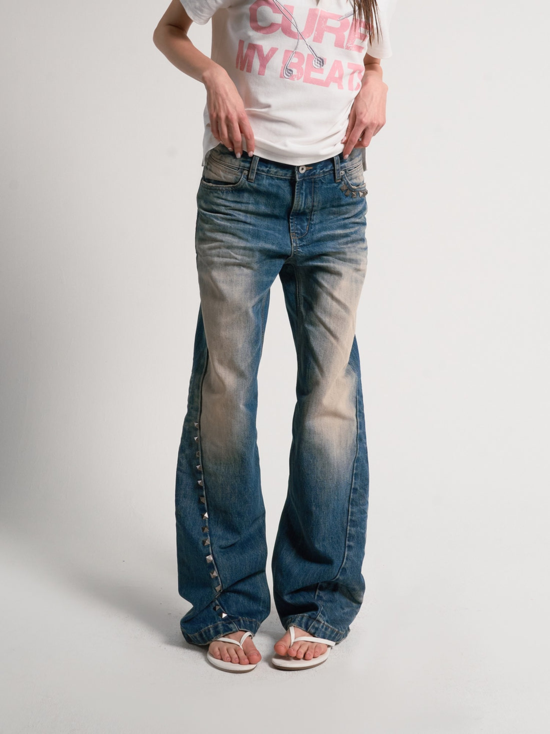 no E mosen Washed Blue Ripple Claw Studded Cotton Women&