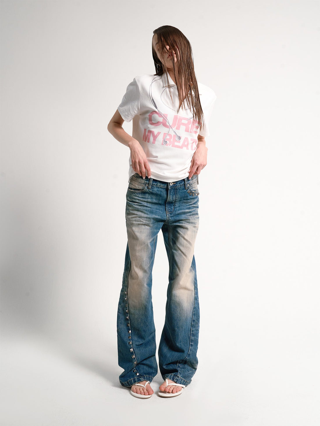 no E mosen Washed Blue Ripple Claw Studded Cotton Women&