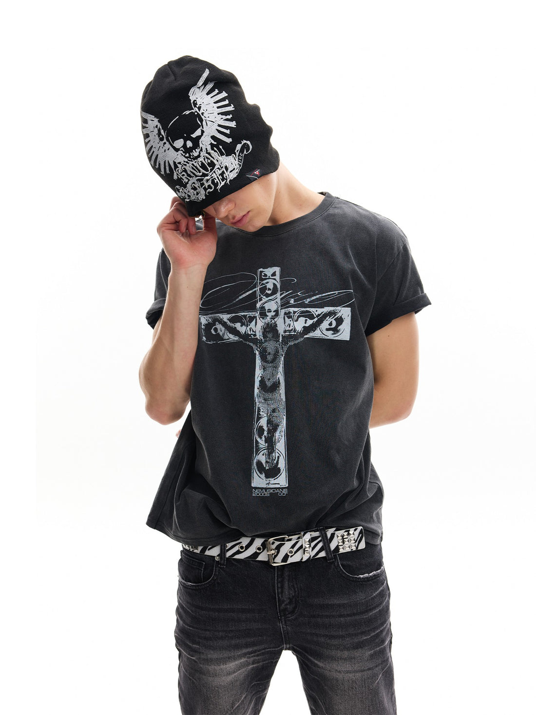 no E mosen Washed Distressed Cross Print Gradient Streetwear Women&