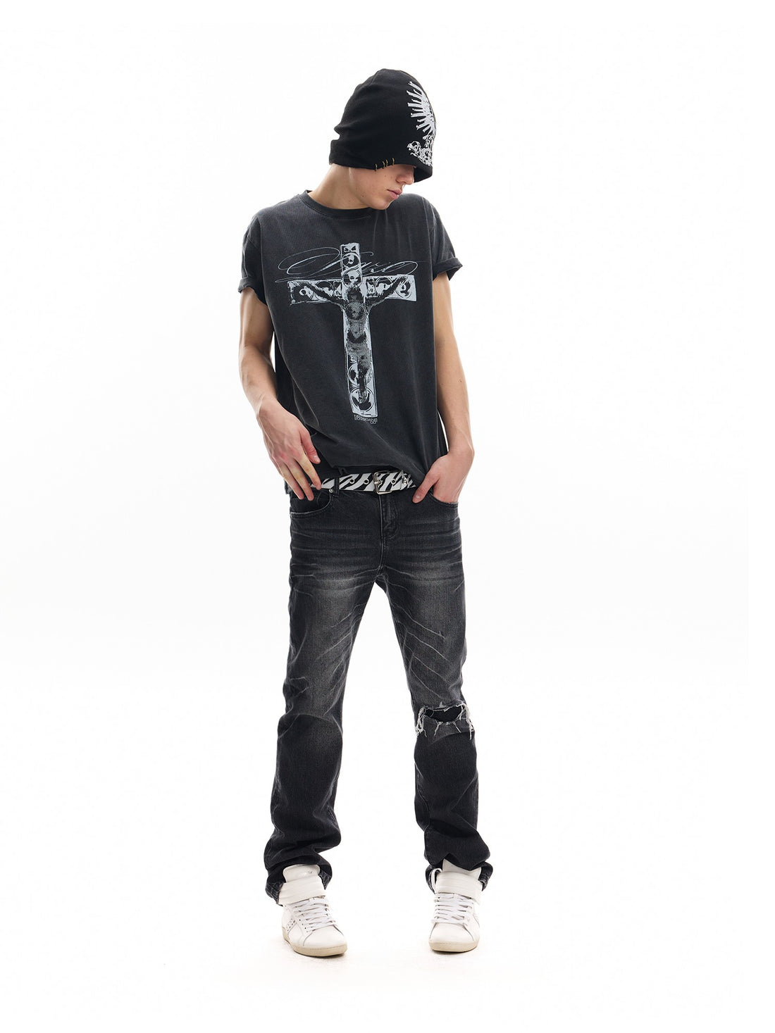 no E mosen Washed Distressed Cross Print Gradient Streetwear Women&