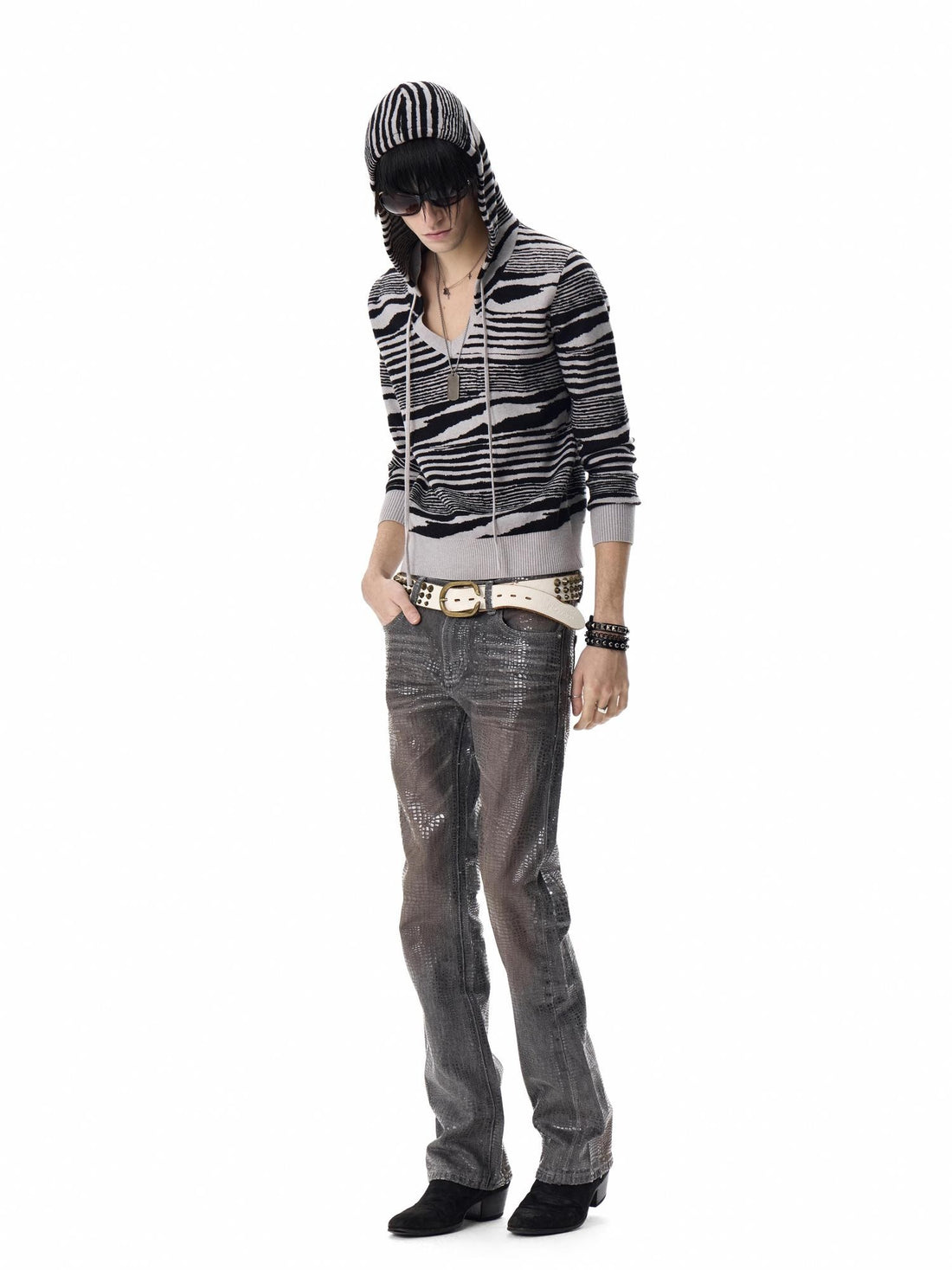 no E mosen Zebra Print V-neck Hooded Slim Fit Women&
