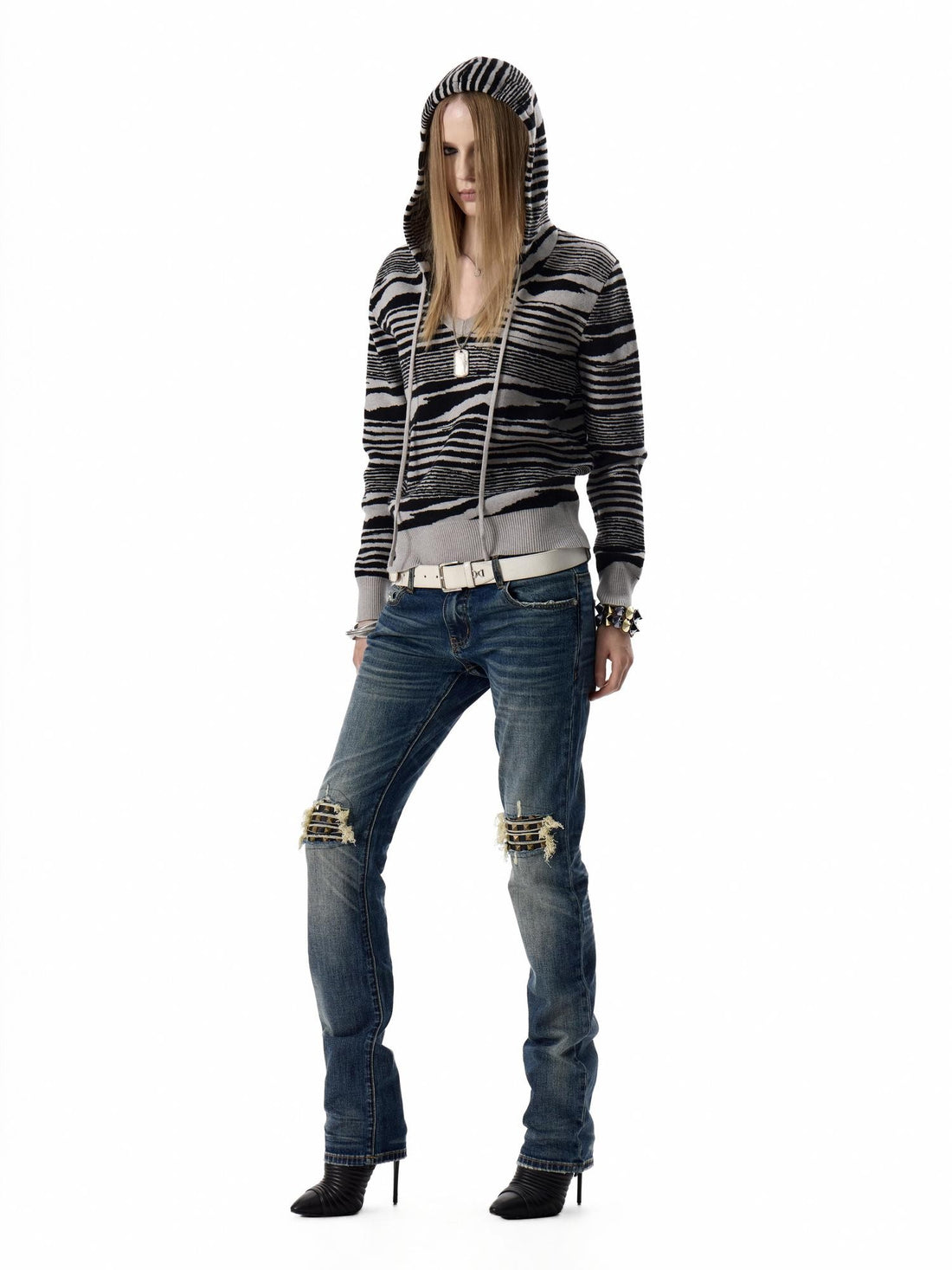 no E mosen Zebra Print V-neck Hooded Slim Fit Women&