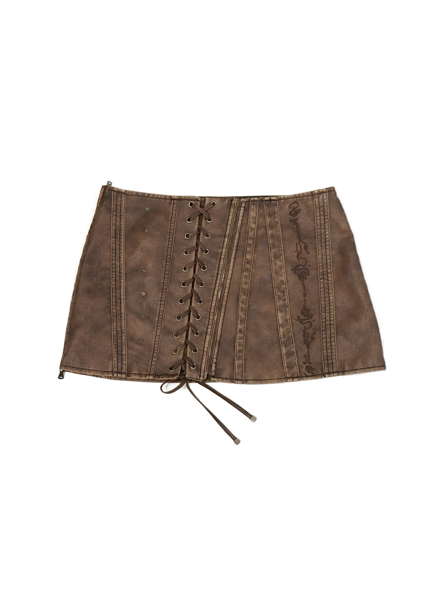 Flowers birds Market Washed Stitching Embroidered Leather Skirt