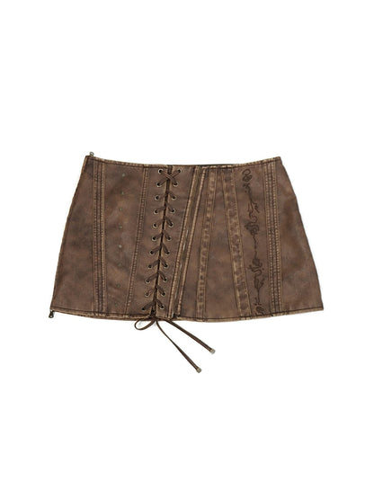 Flowers birds Market Washed Stitching Embroidered Leather Skirt