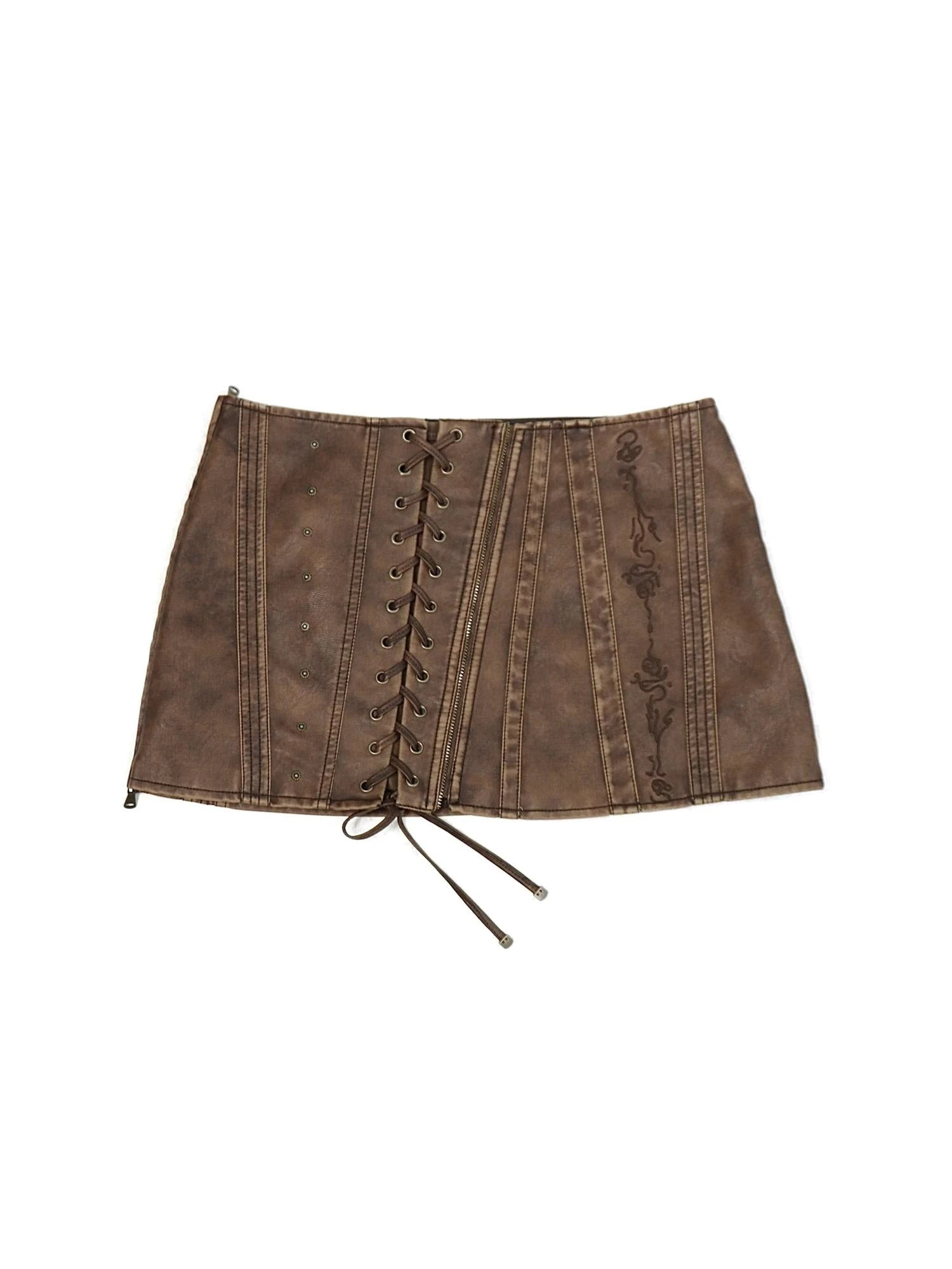 Washed Stitching Embroidered Leather Skirt