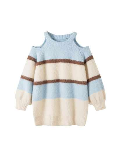 DIDDI MODA Soft Striped Knit Sweater With Colorblock Shoulder Cutout