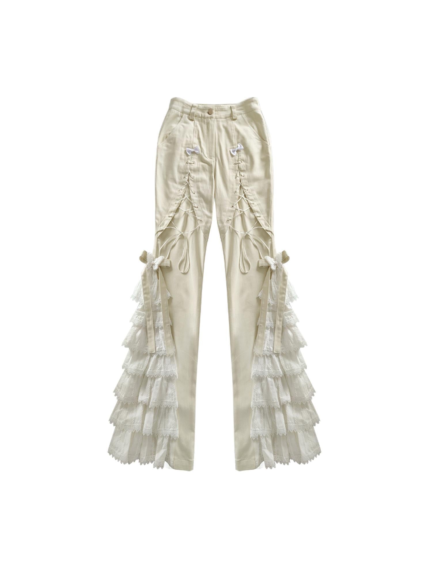 WSW WUSHENWU Elegant Off White Lace Casual Pants Versatile Chic