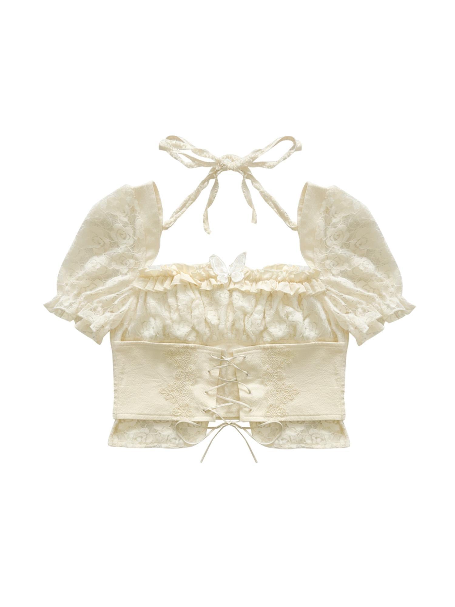 WSW WUSHENWU Lace Puff Sleeve Corset Top Sweet Spicy Feminine Design