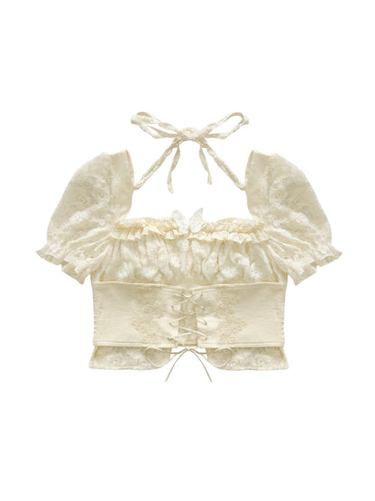 WSW WUSHENWU Lace Puff Sleeve Corset Top Sweet Spicy Feminine Design