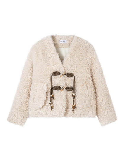 DIDDI MODA V Neck Raglan Sleeve Cute Buckle Wool Coat