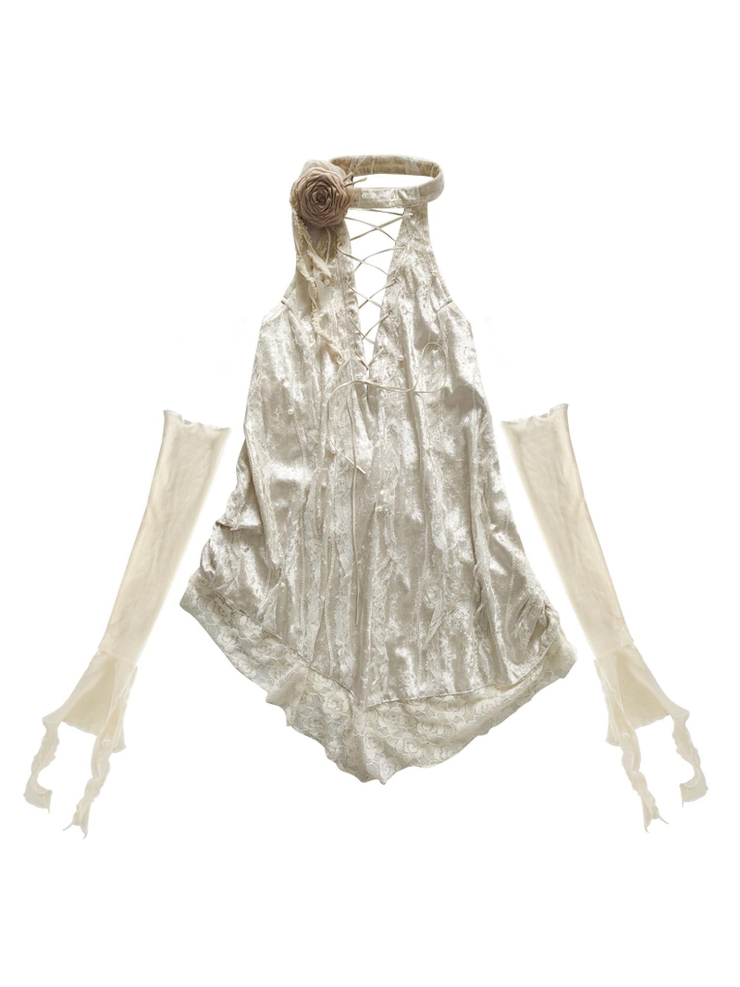 WSW WUSHENWU Lace Velvet Rose Backless Bustier Top